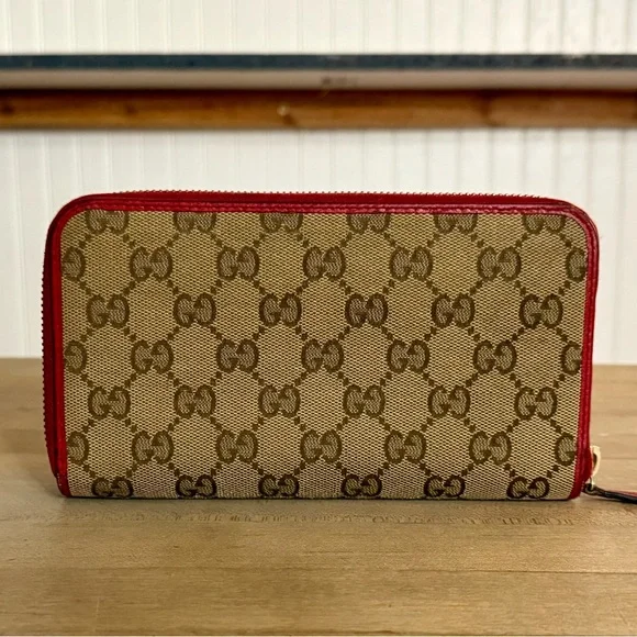 Gucci GG Canvas & Leather Monogram Long Zip Around Wallet Red Trim - Picture 1 of 15
